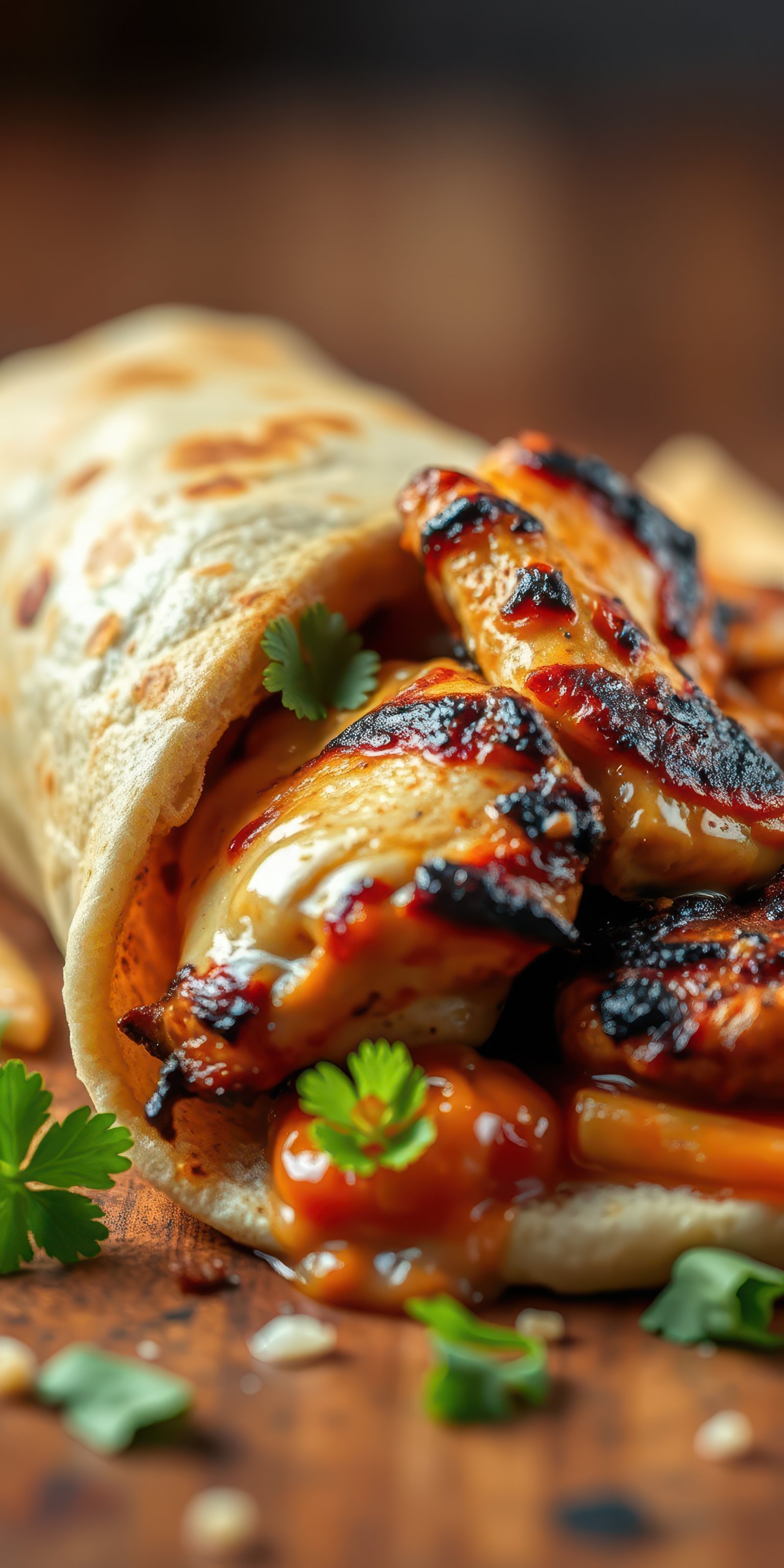 Grilled chicken wrap with sauce and fresh herbs presented on a wooden board